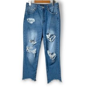INDIGO REIN Ankle Grazer Distressed Straight Leg High Rise Jeans Sz 27